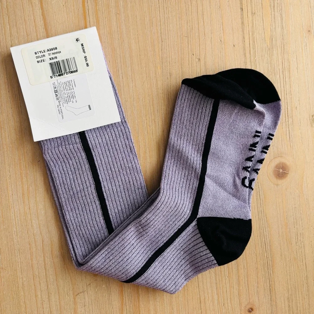 Ganni Women’s Purple Shimmery Black Striped Ribbed‎ Socks Size XS/S NWT